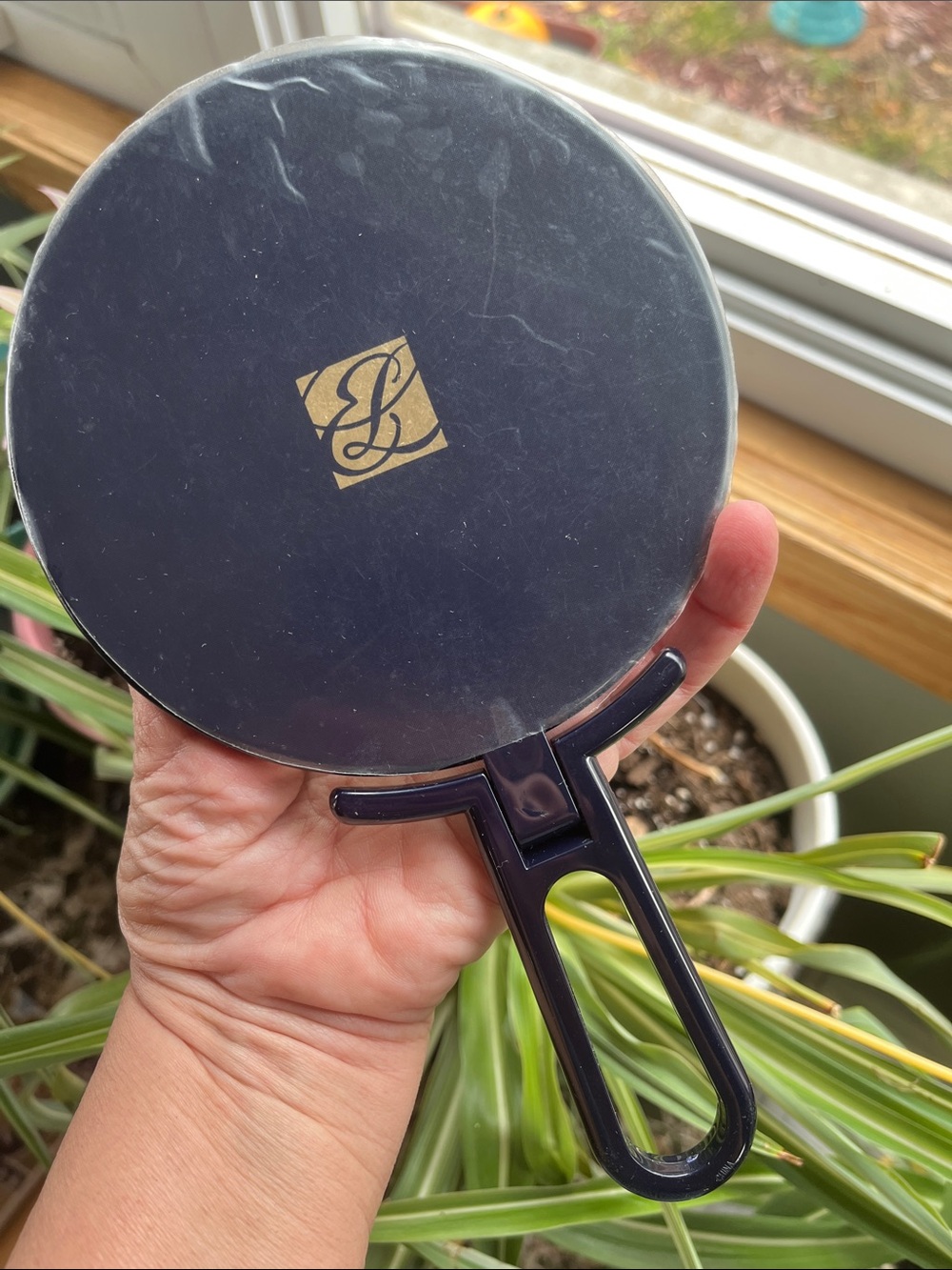 Vtg Estēe Lauder Navy Blue Hand Held Or Stand Up Vanity Mirror Boudoir